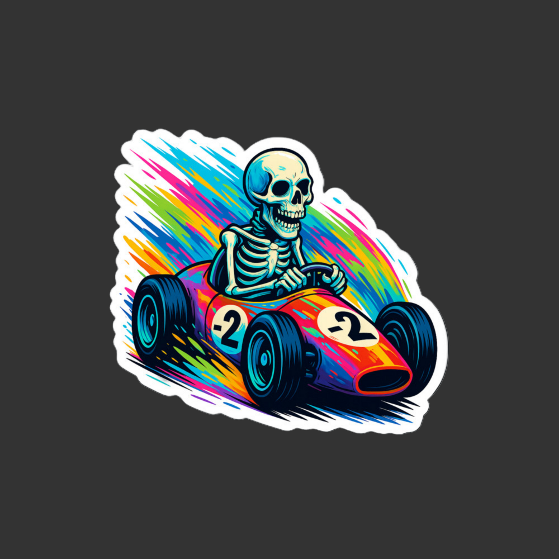 Colorful illustration of a skeleton driving a racing car with a rainbow background on a black background.
