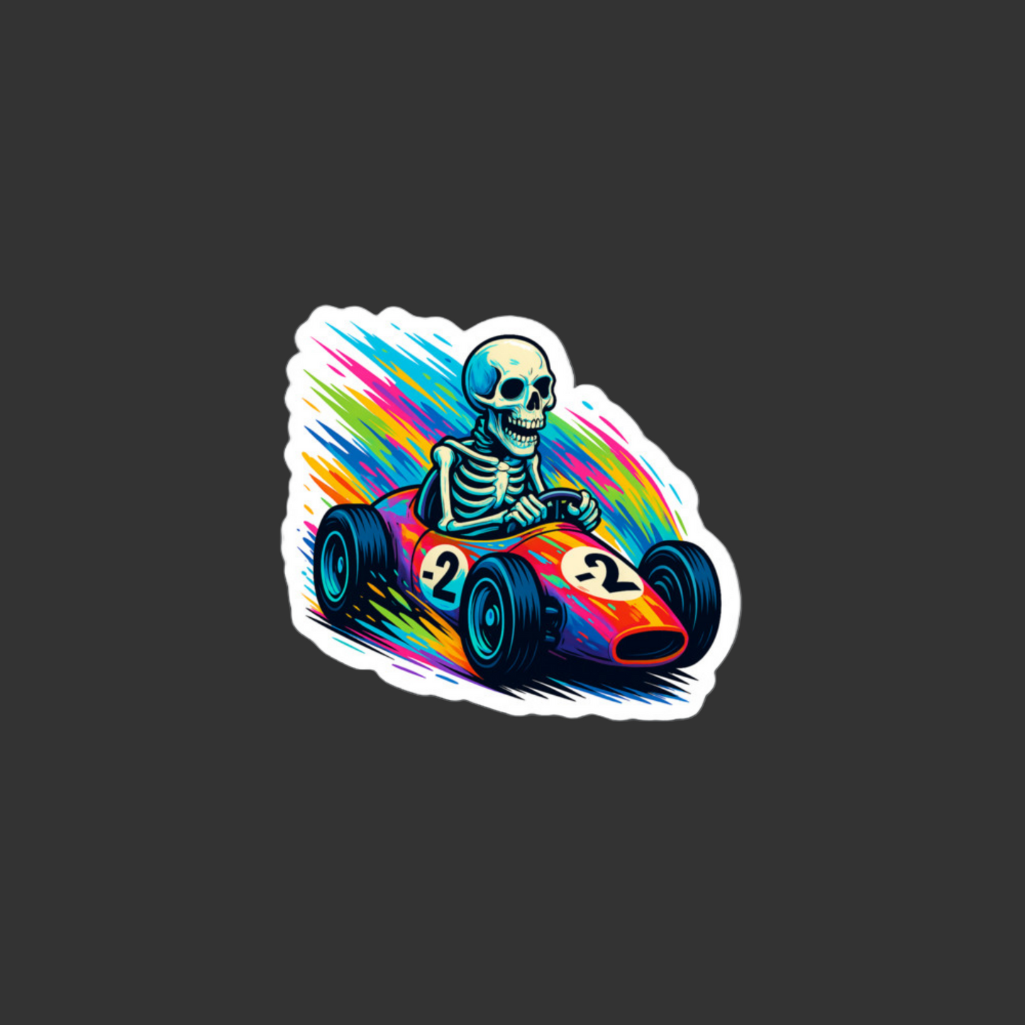 Sticker of a skeleton driving a colorful race car on a black background
