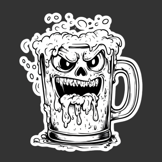 Black and white illustration of a beer mug with a angry face on a black background