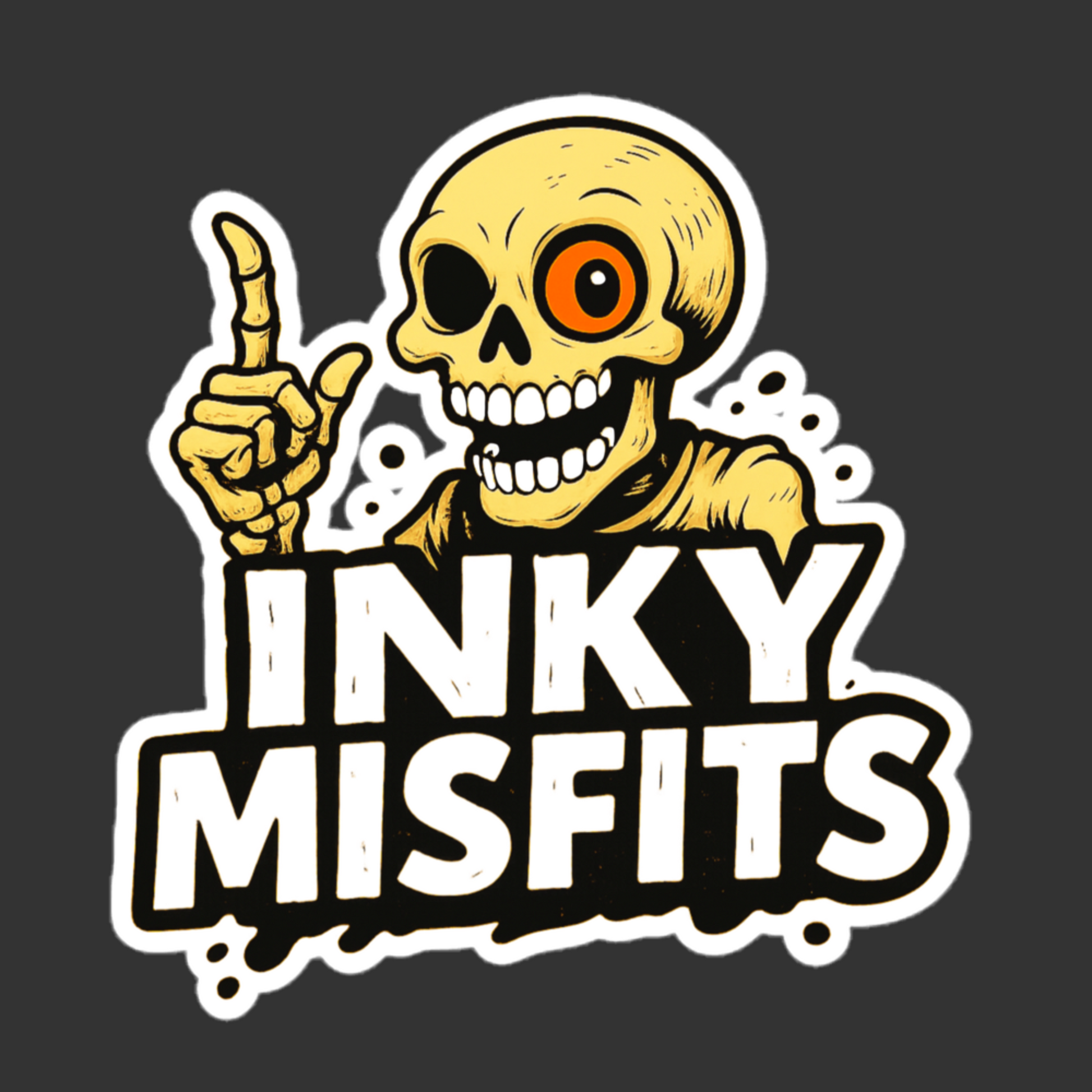Skull with a index finger and 'INKY MISFITS' text on a black background