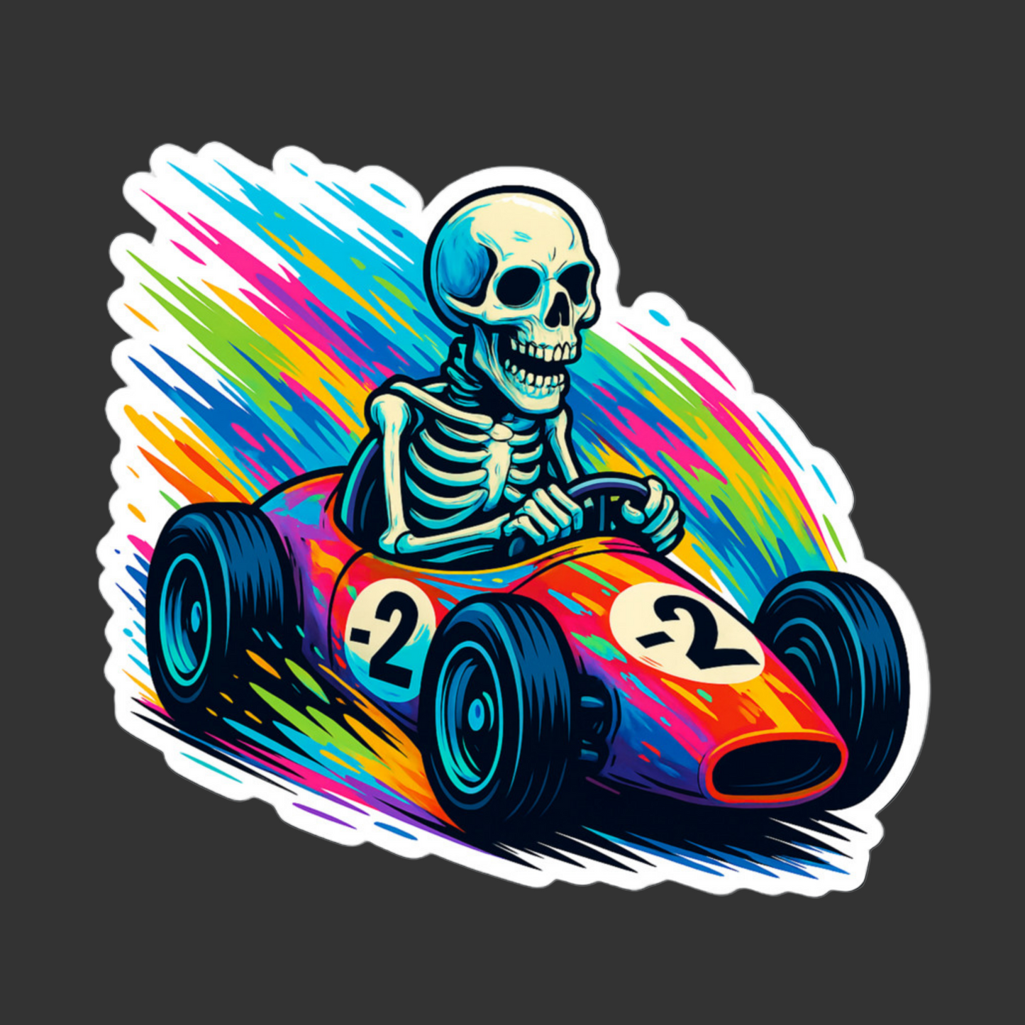 Colorful illustration of a skeleton driving a racing car with a rainbow background.