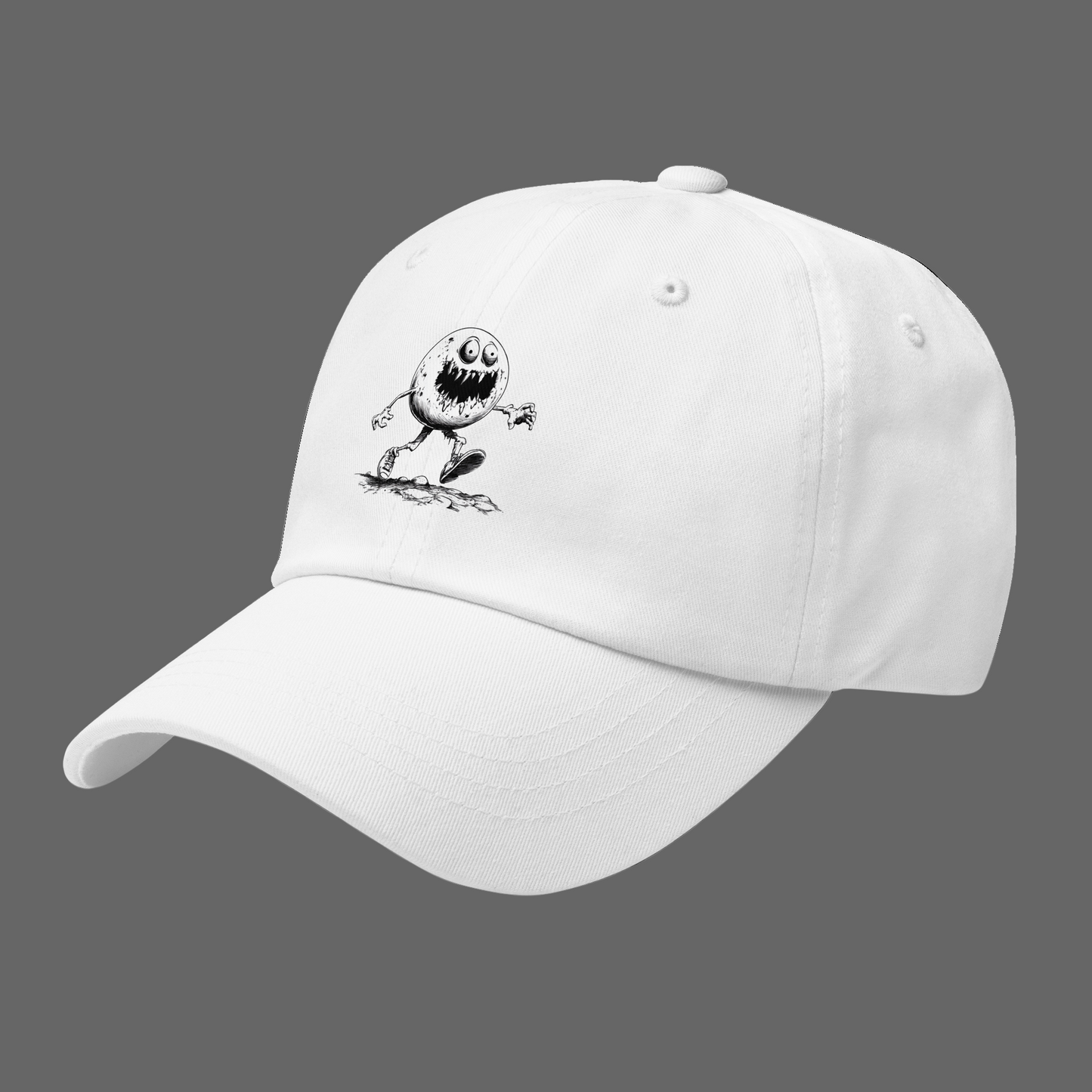 White cap with a black embroidered design on a white background