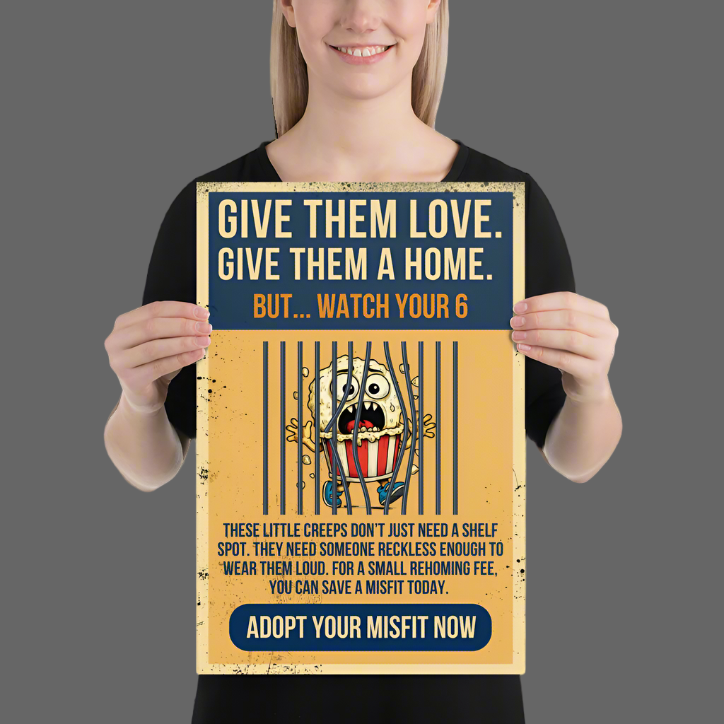 Person holding a poster with a message about animal adoption.