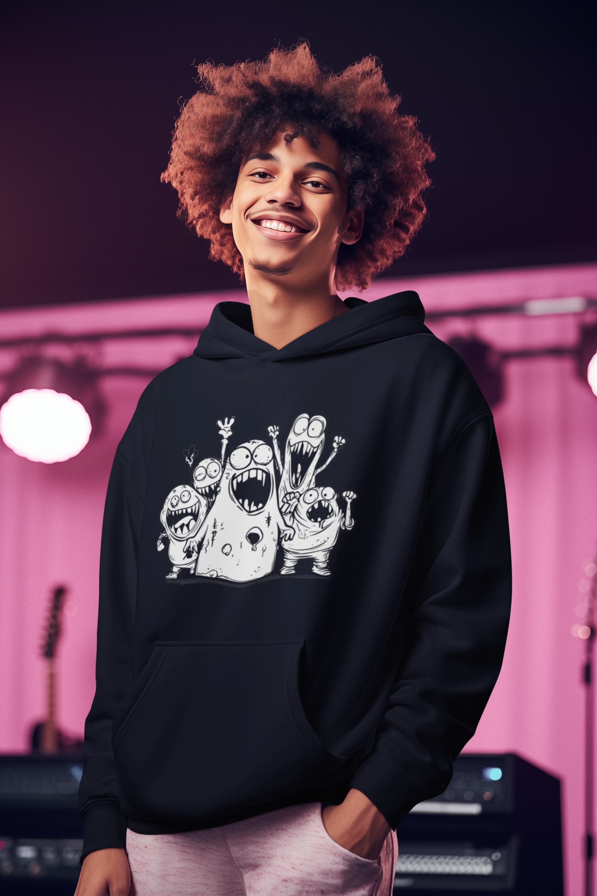 Person wearing a black hoodie with cartoon character design against a pink building background