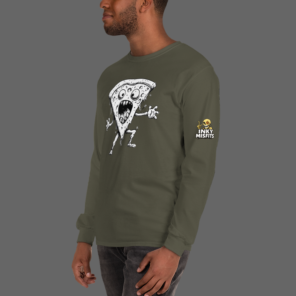 Person wearing a green long-sleeve shirt with a graphic design on the sleeve.