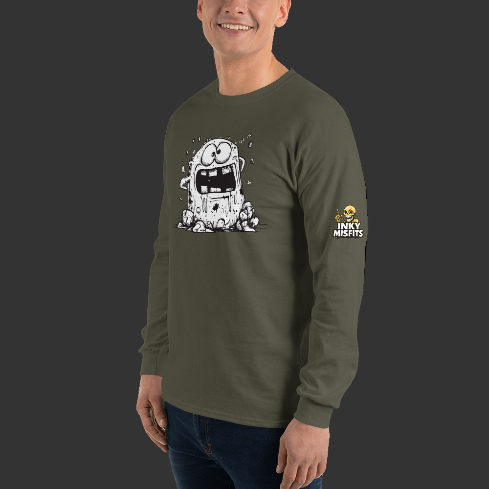 Man wearing a green long-sleeve shirt with a graphic design on a white background