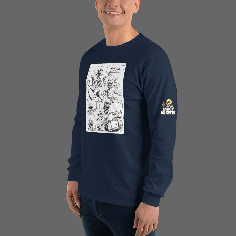 Man wearing a navy long-sleeve shirt with graphic design and text on a white background