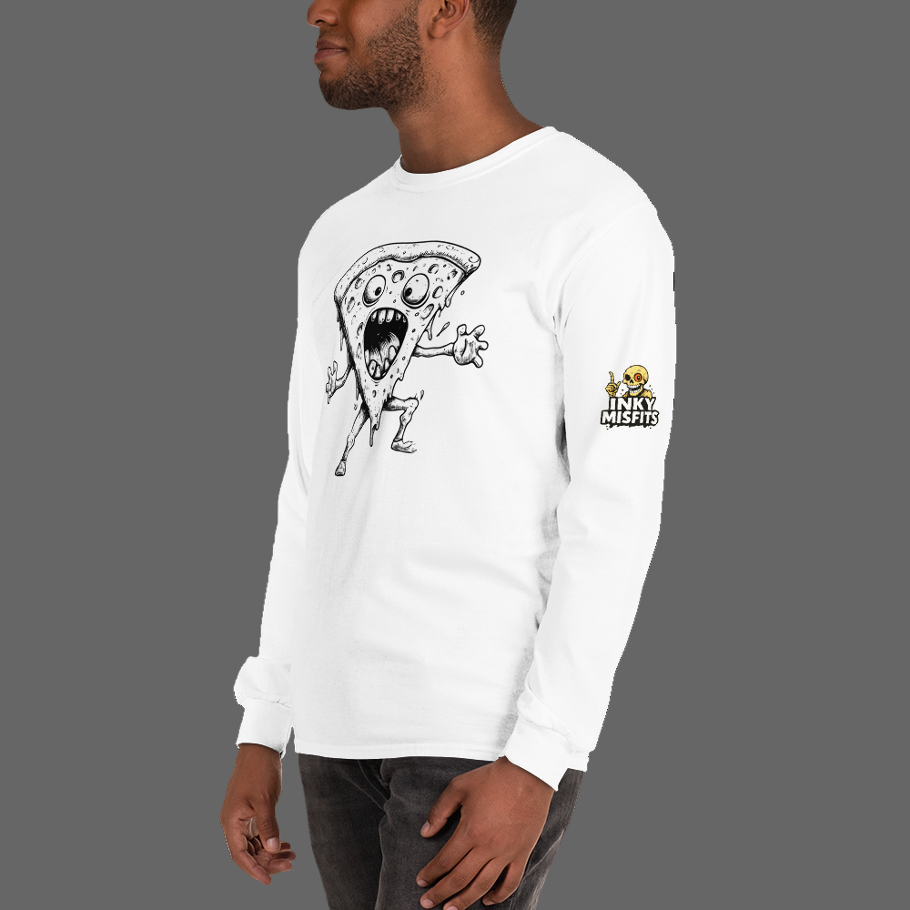 White long-sleeve shirt with a pizza slice graphic and logo on a white background
