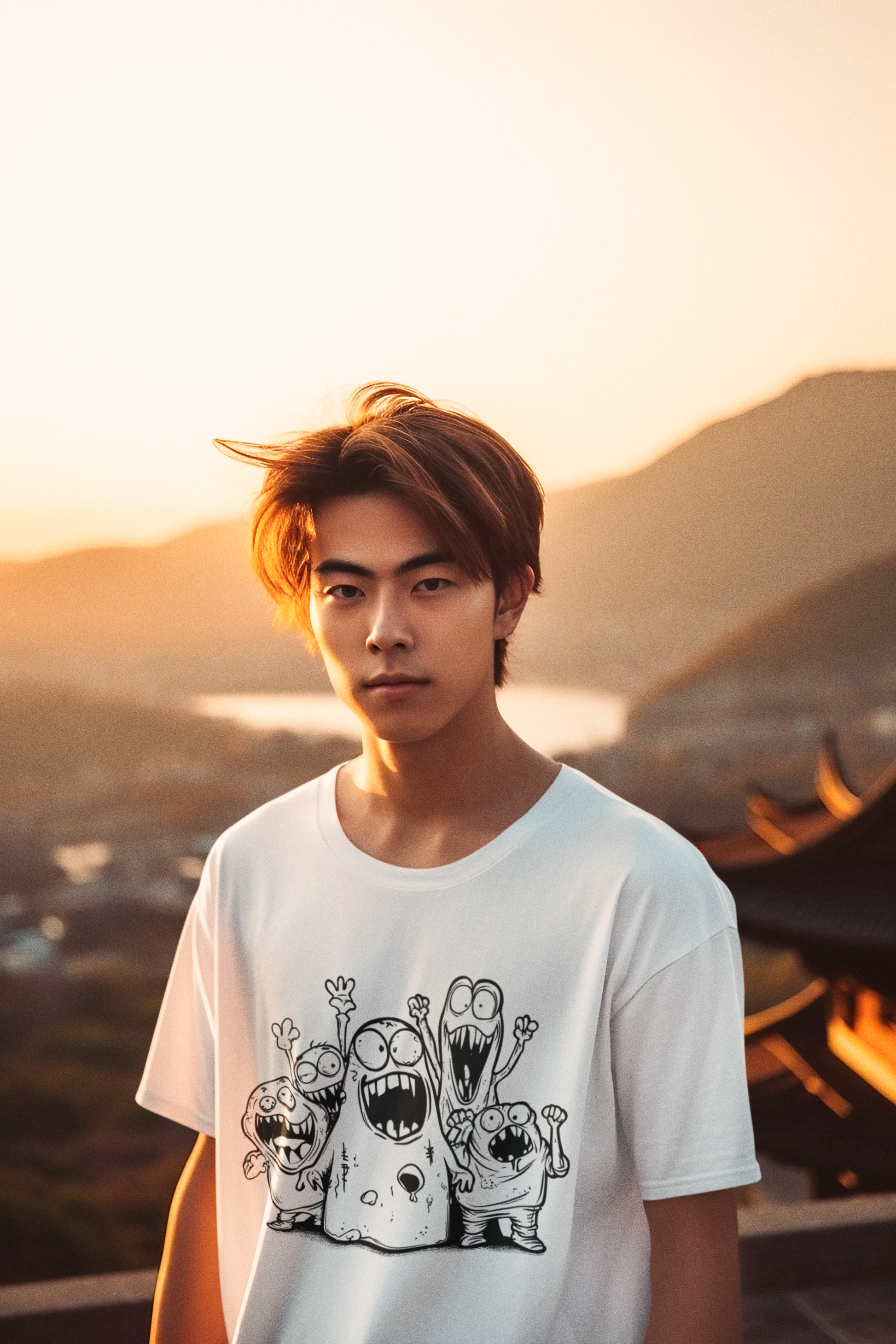 Person wearing a white t-shirt with cartoon designs against a scenic background