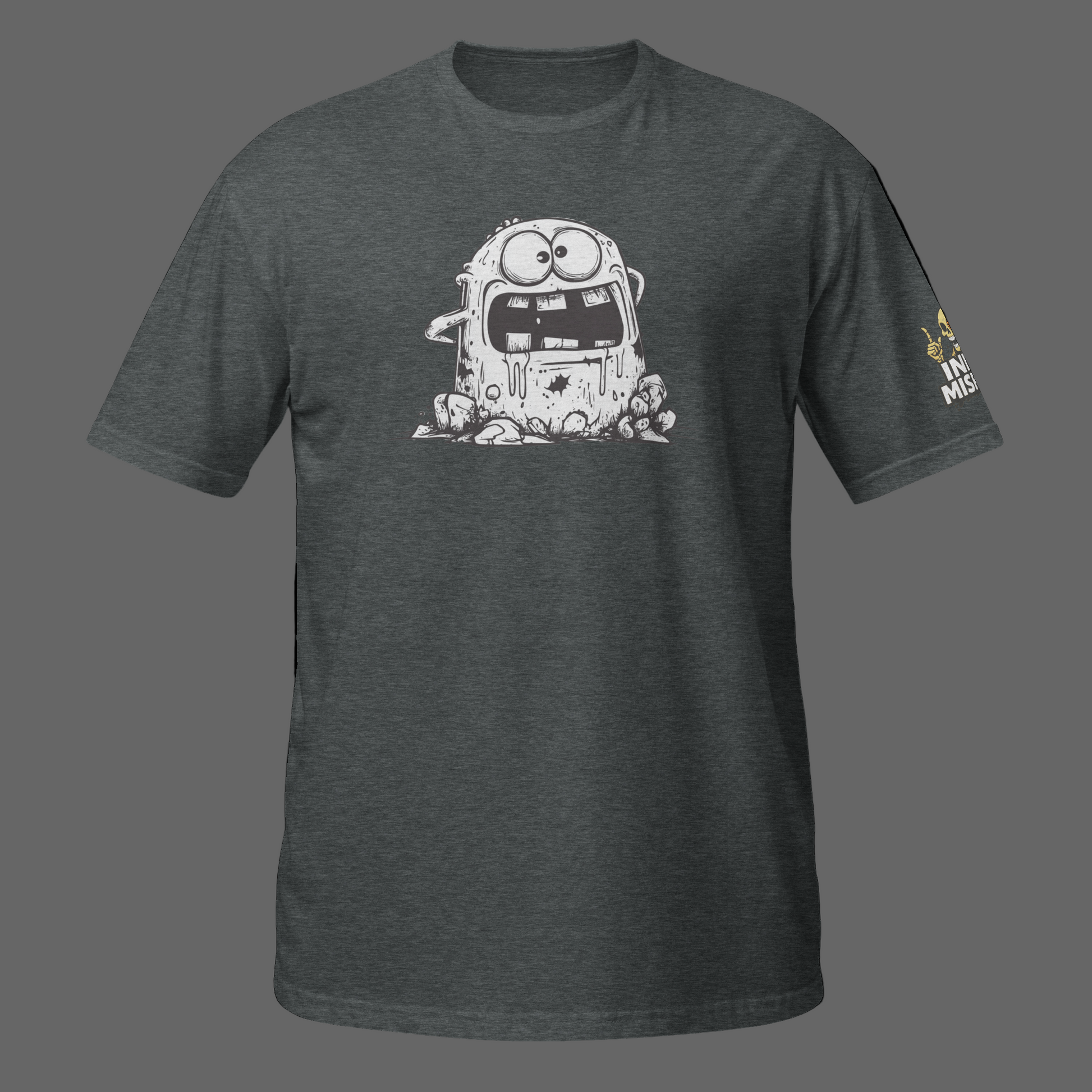 Dark gray t-shirt with a graphic design on a white background