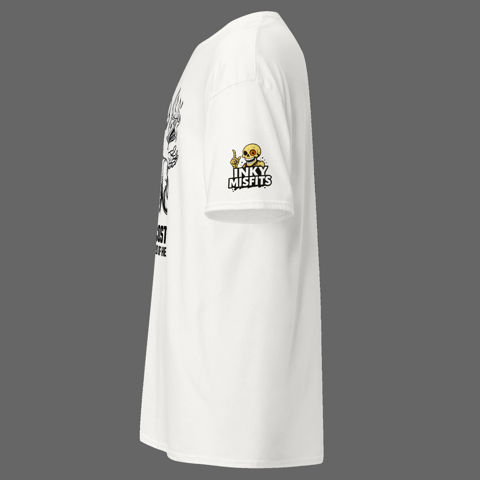 White t-shirt with black graphics and text on a white background