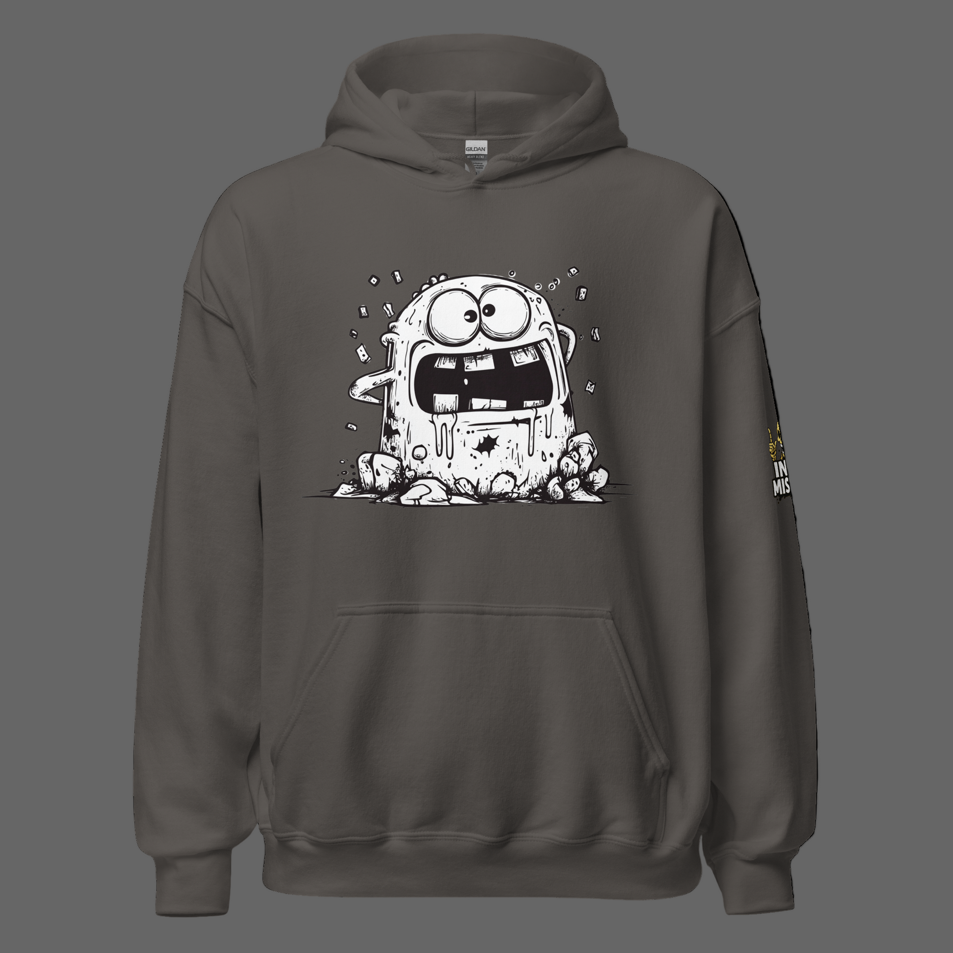 Dark gray hoodie with a cartoon character on the front on a white background