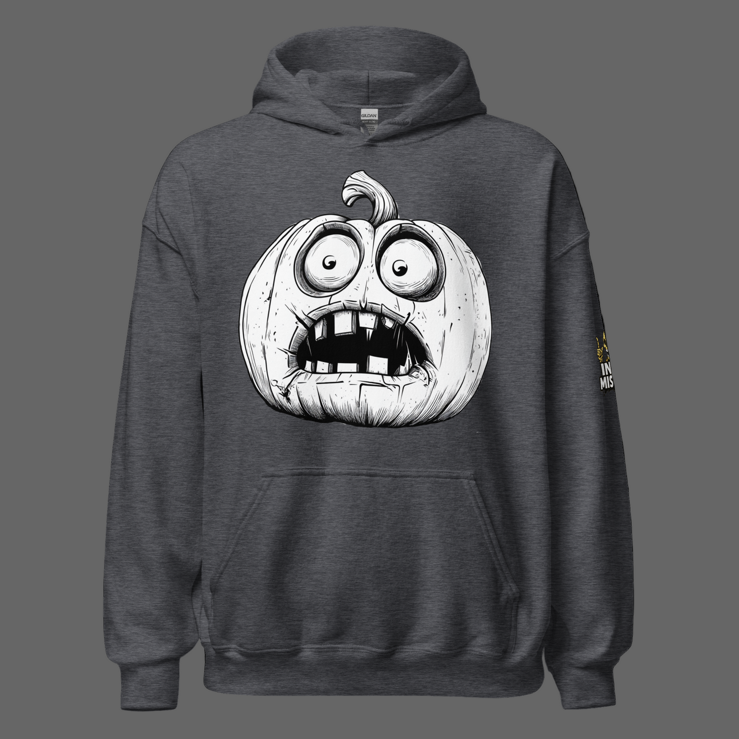 Dark gray hoodie with a pumpkin face design on a white background