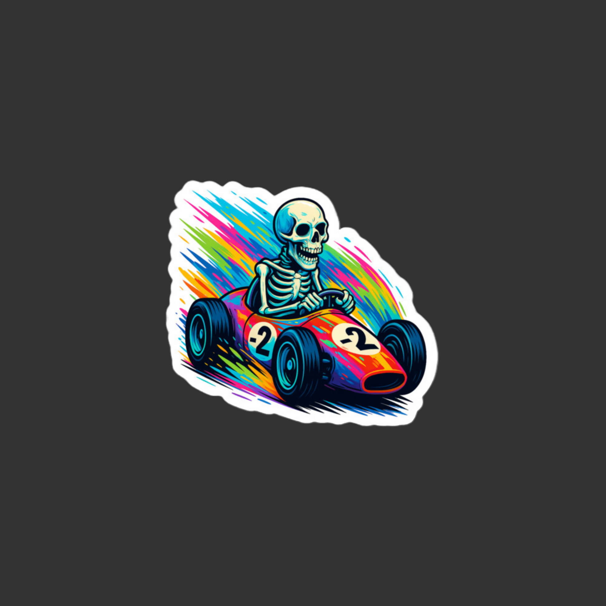 Sticker of a skeleton driving a colorful race car on a black background