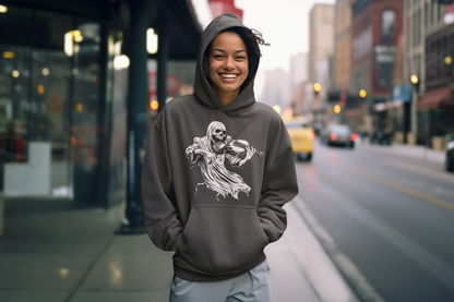 Person wearing a hoodie with a graphic design on a city street
