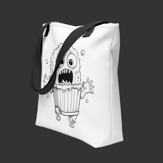 Tote bag with a black and white illustration of a monster cupcake on a white background