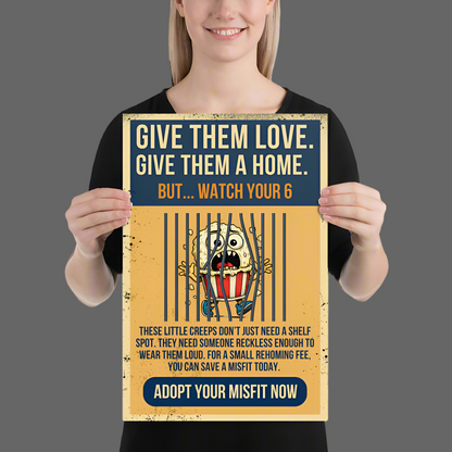 Person holding a poster with a message about animal adoption.