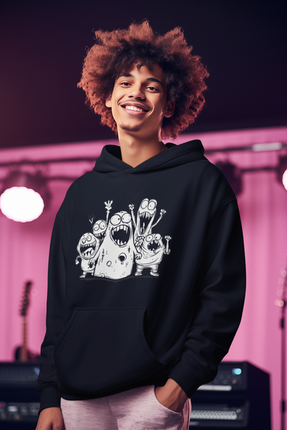 Person wearing a black hoodie with cartoon character design against a pink building background