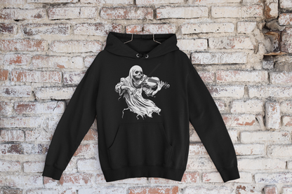 Black hoodie with a skeleton playing violin design on a brick wall background