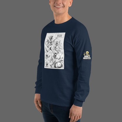 Man wearing a navy long-sleeve shirt with graphic design and text on a white background