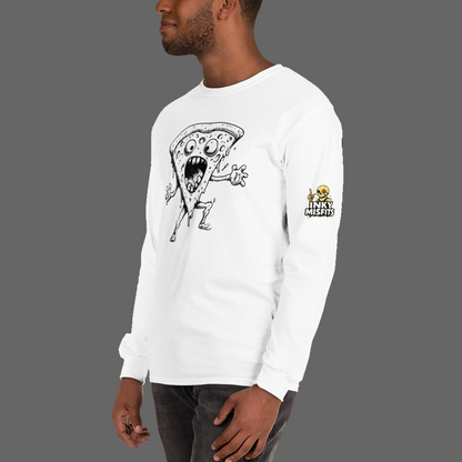 White long-sleeve shirt with a pizza slice graphic and logo on a white background