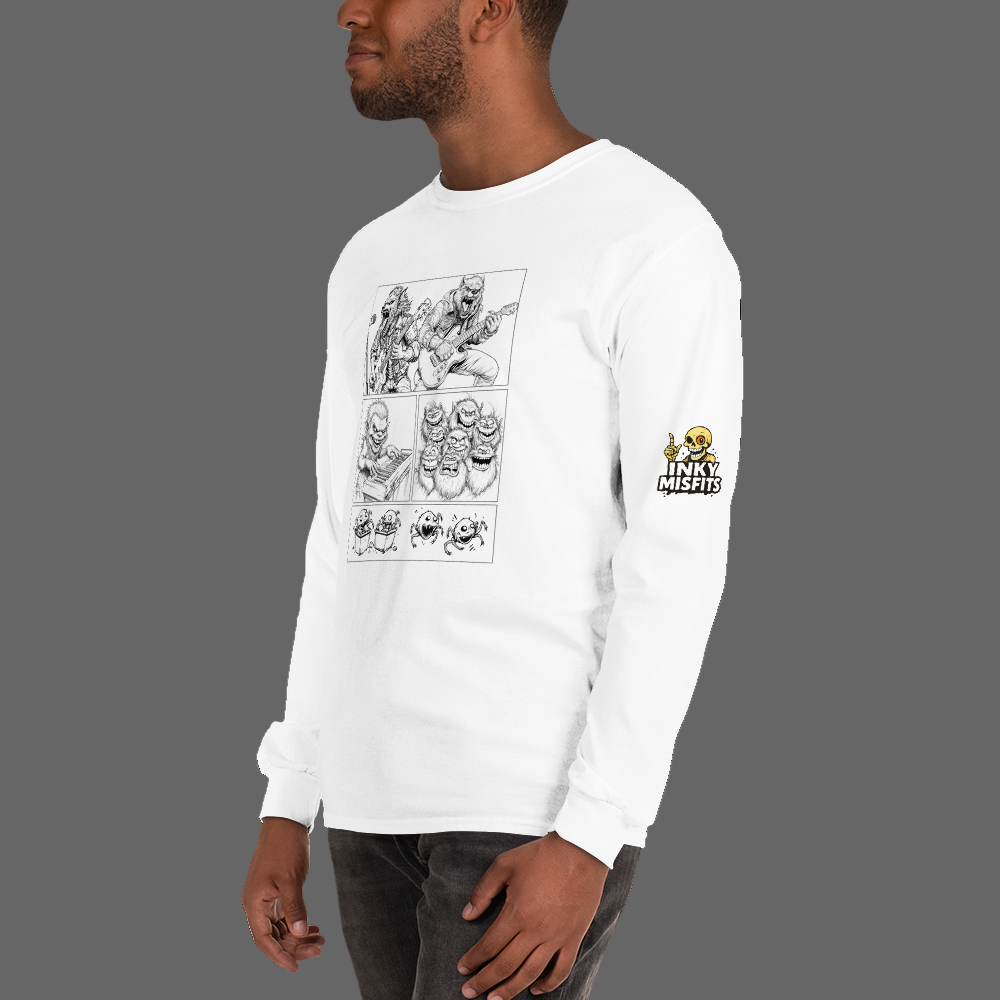 White long-sleeve shirt with graphic design and text worn by a person on a white background