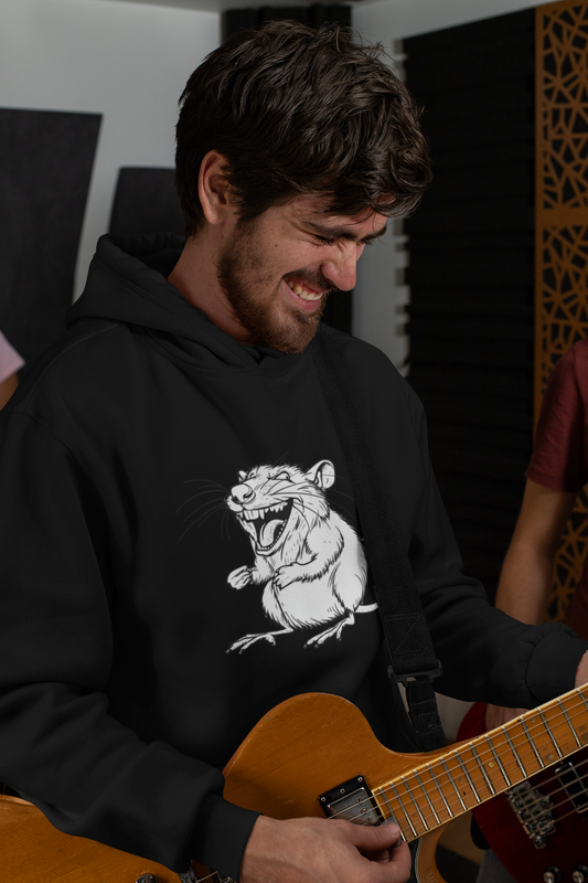 Man playing guitar wearing a black hoodie with a graphic design.