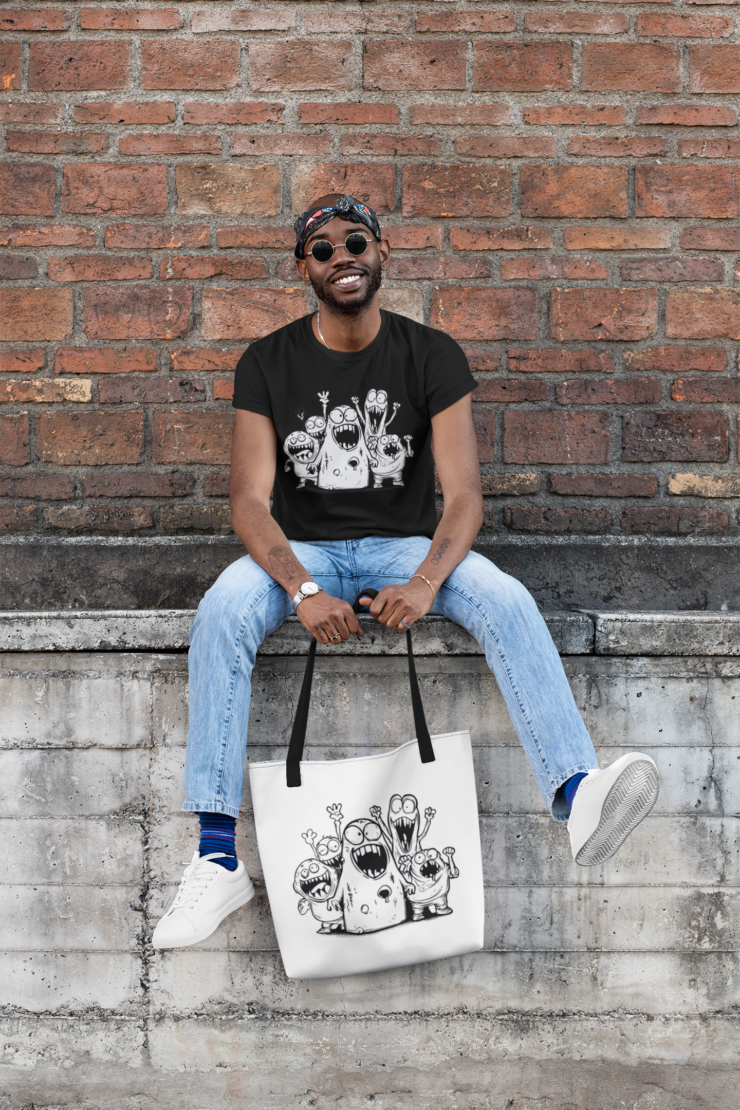 Man sitting on a ledge holding a tote bag with graphic design against a brick wall.