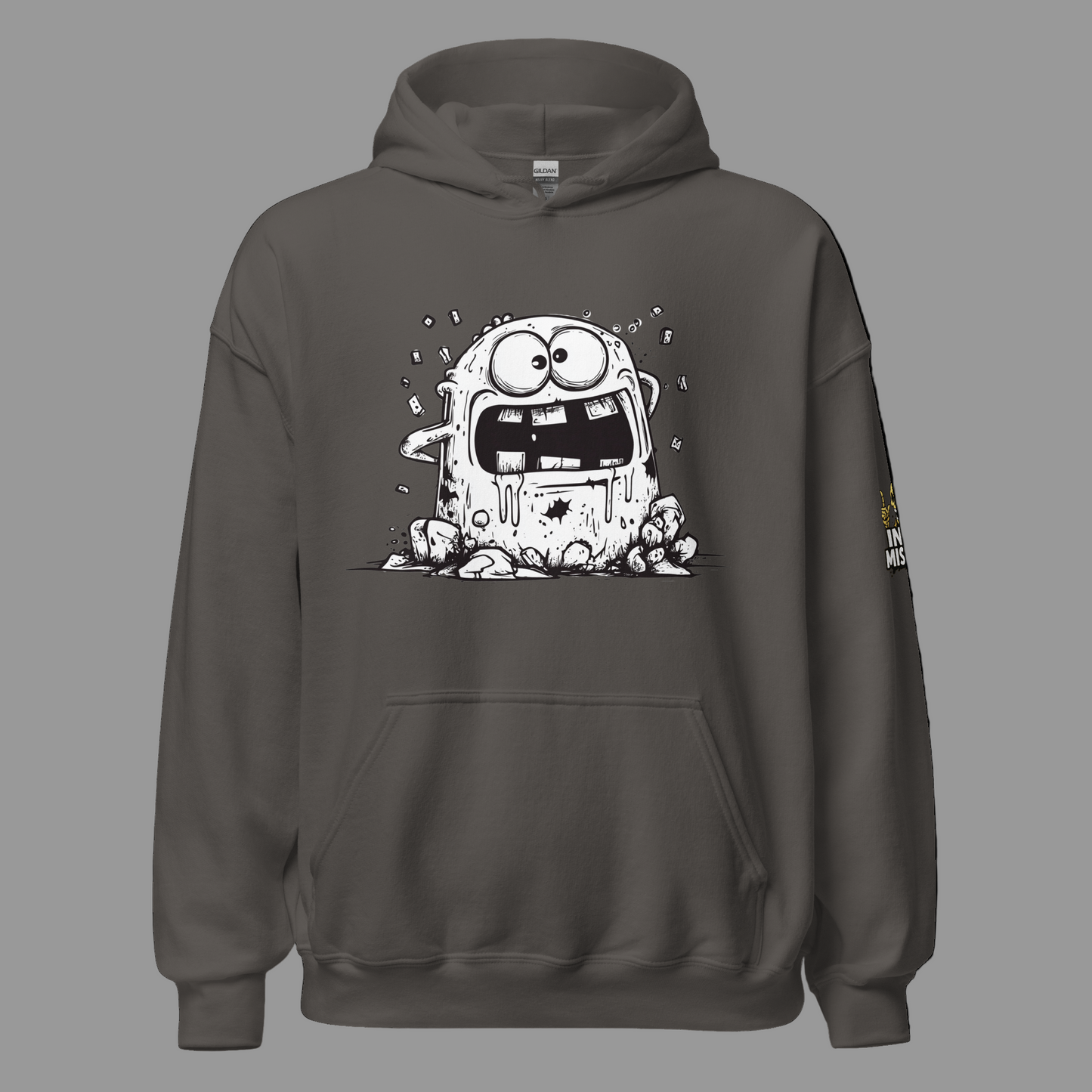 Dark gray hoodie with a cartoon character on the front on a white background