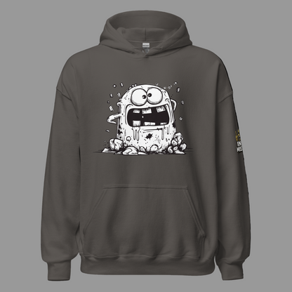Dark gray hoodie with a cartoon character on the front on a white background