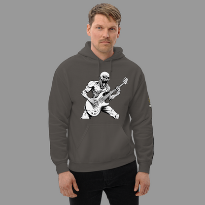 Man wearing a gray hoodie with a skeleton playing guitar design on a white background